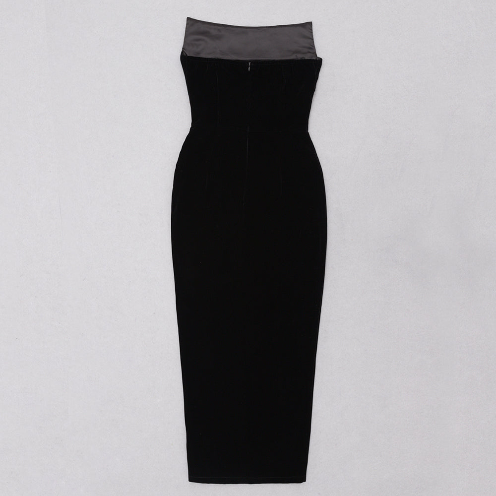 Strapless Silver Trim Midi Velvet Dress HV8881