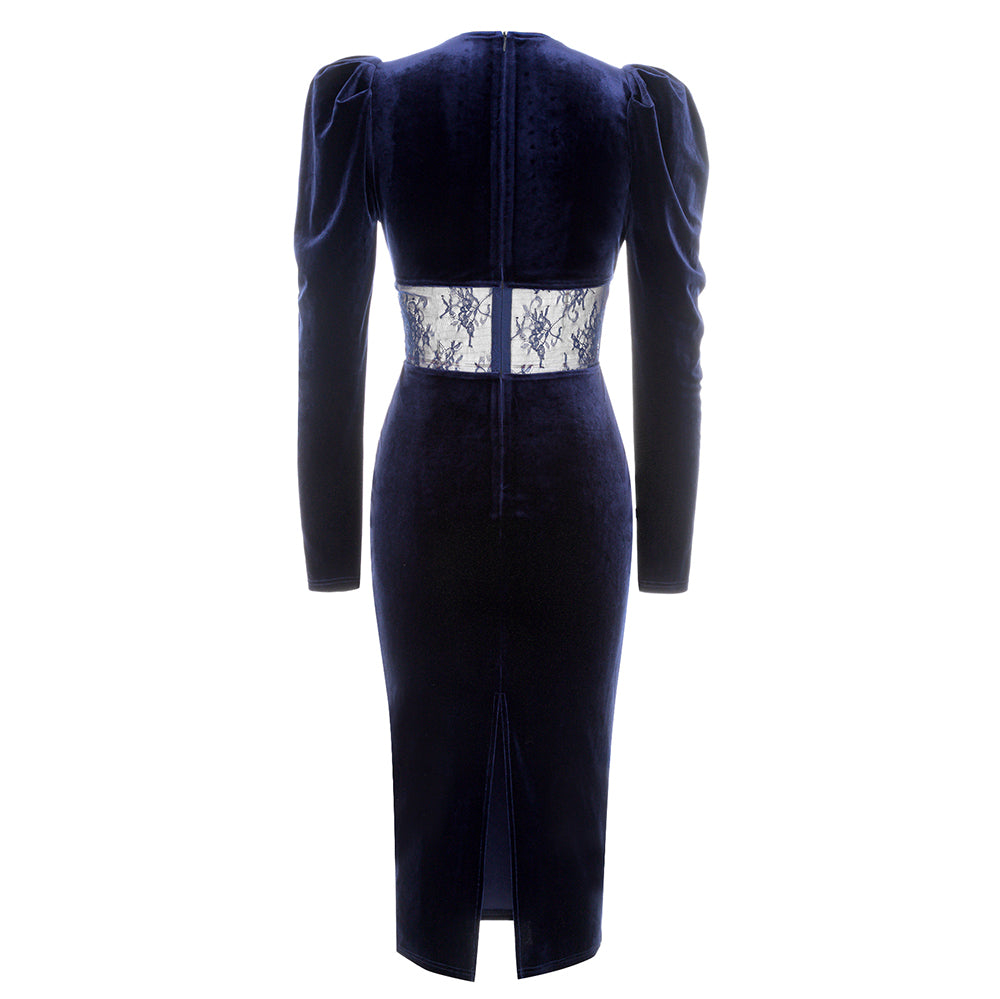 Long Sleeve Lace Insert Midi Velvet Dress V9008