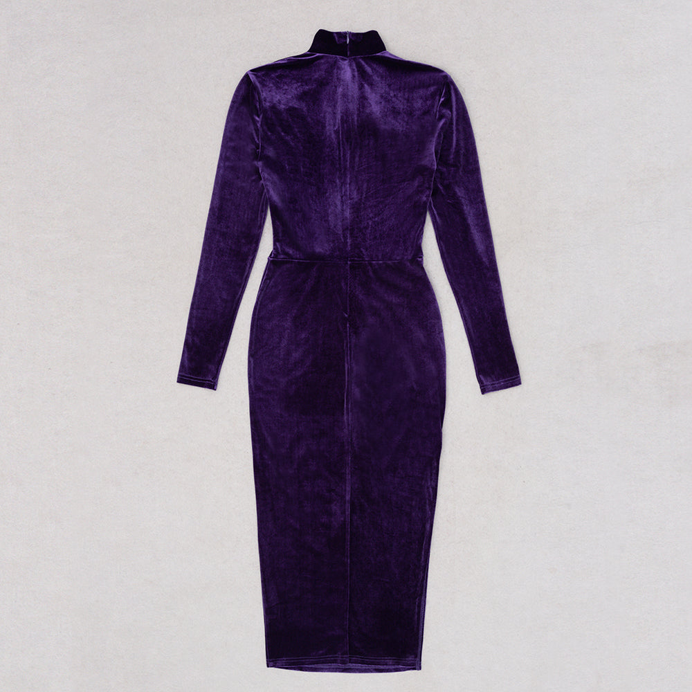 Long Sleeve Embellished Midi Velvet Dress HV8987