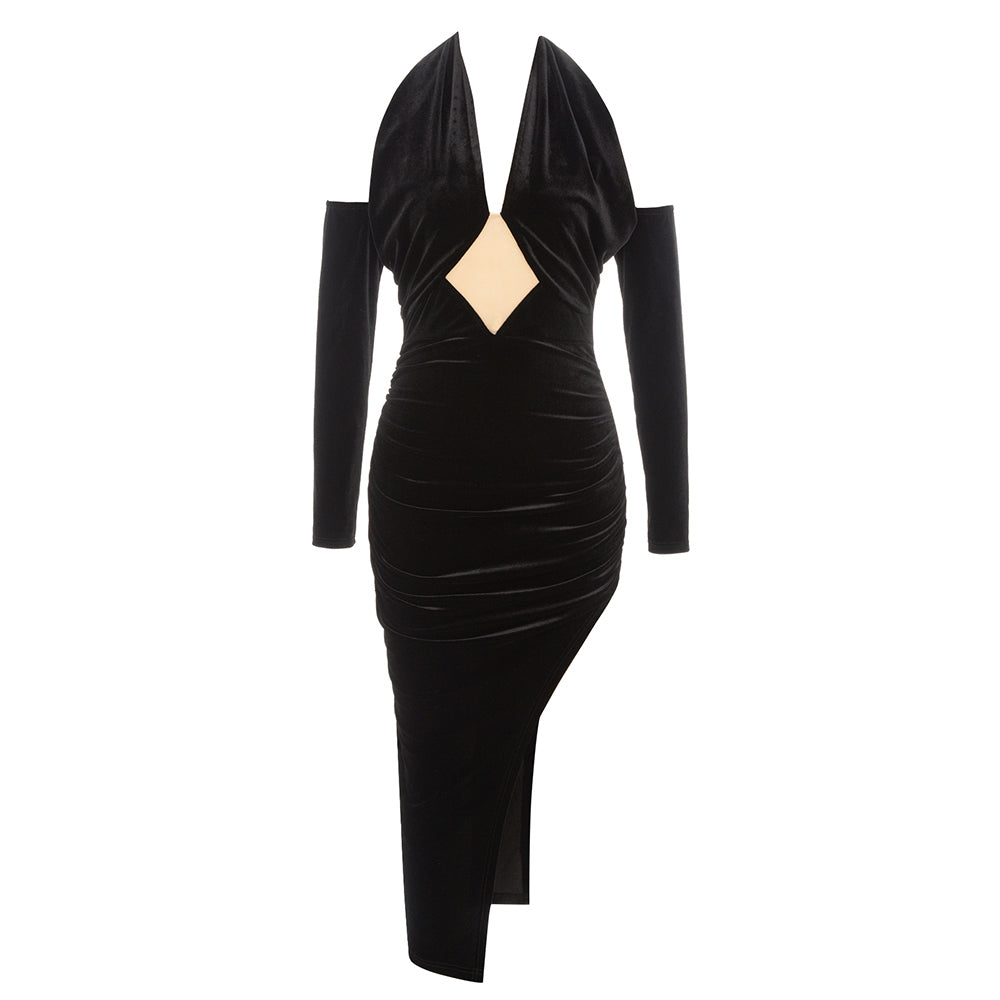 Long Sleeve Halter Midi Velvet Dress HV8969