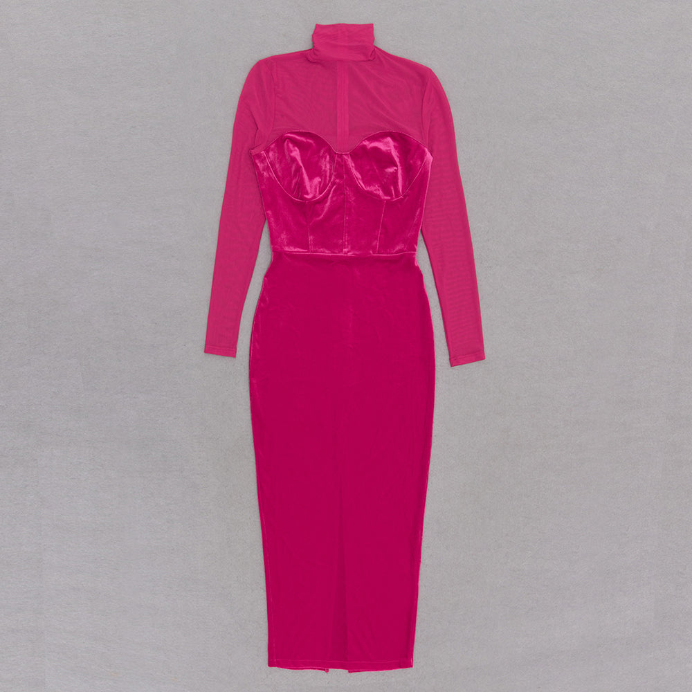 Mesh Long Sleeve Midi Velvet Dress HV9005