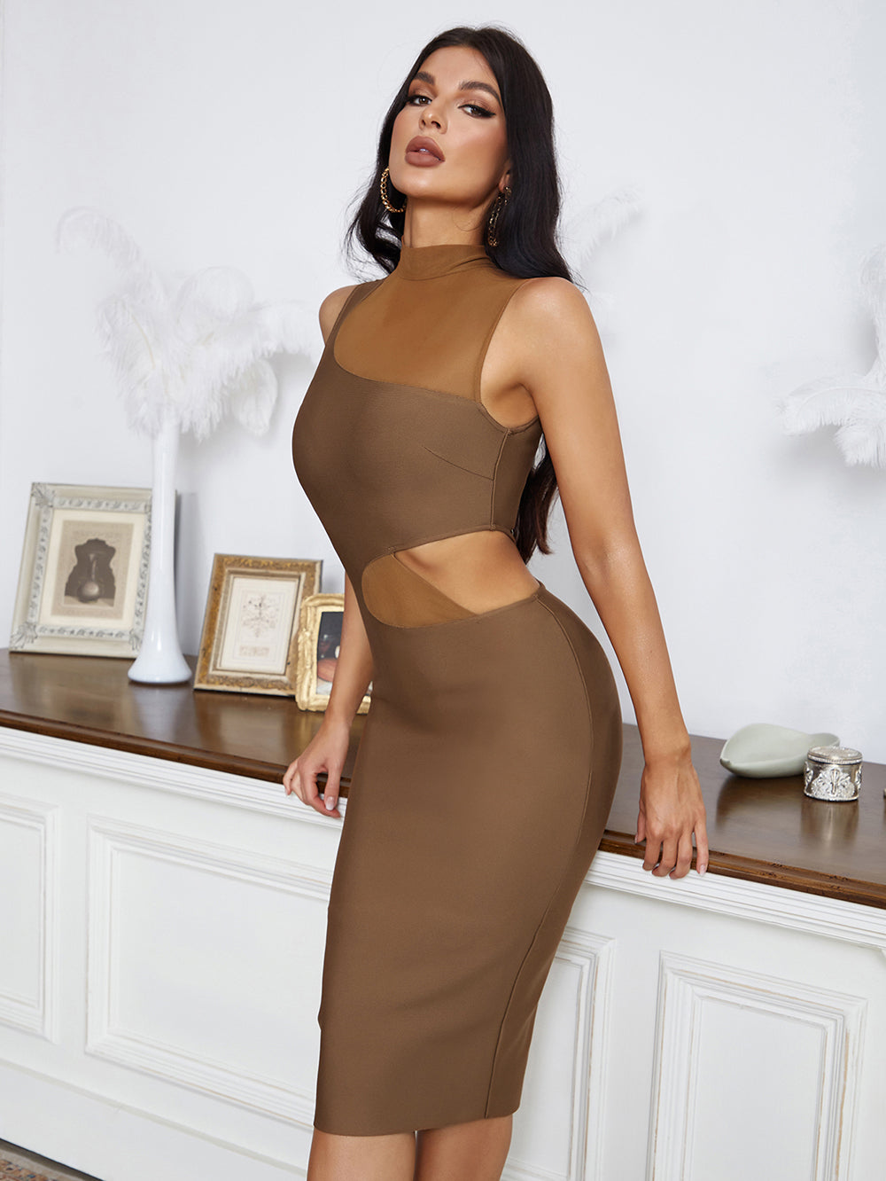 Mesh Insert Midi Dress Brown HV8566