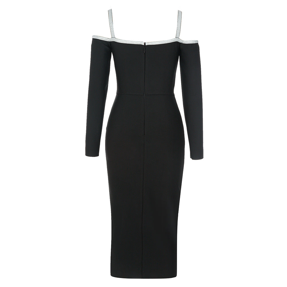 Long Sleeve Silver Trim Midi Dress Black HV9009