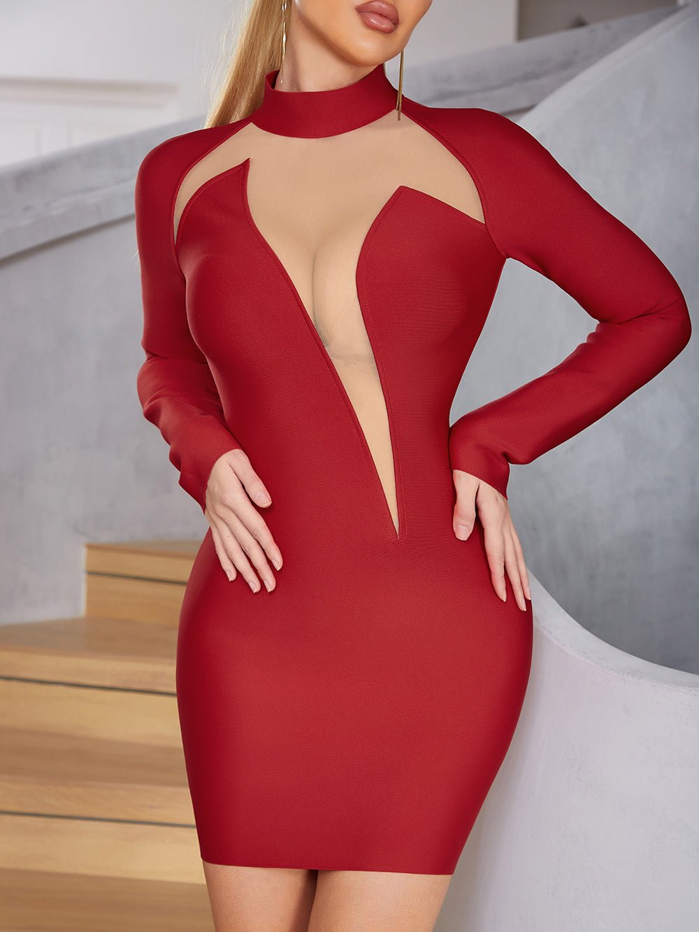 Long Sleeve Mesh Insert Dress V9017