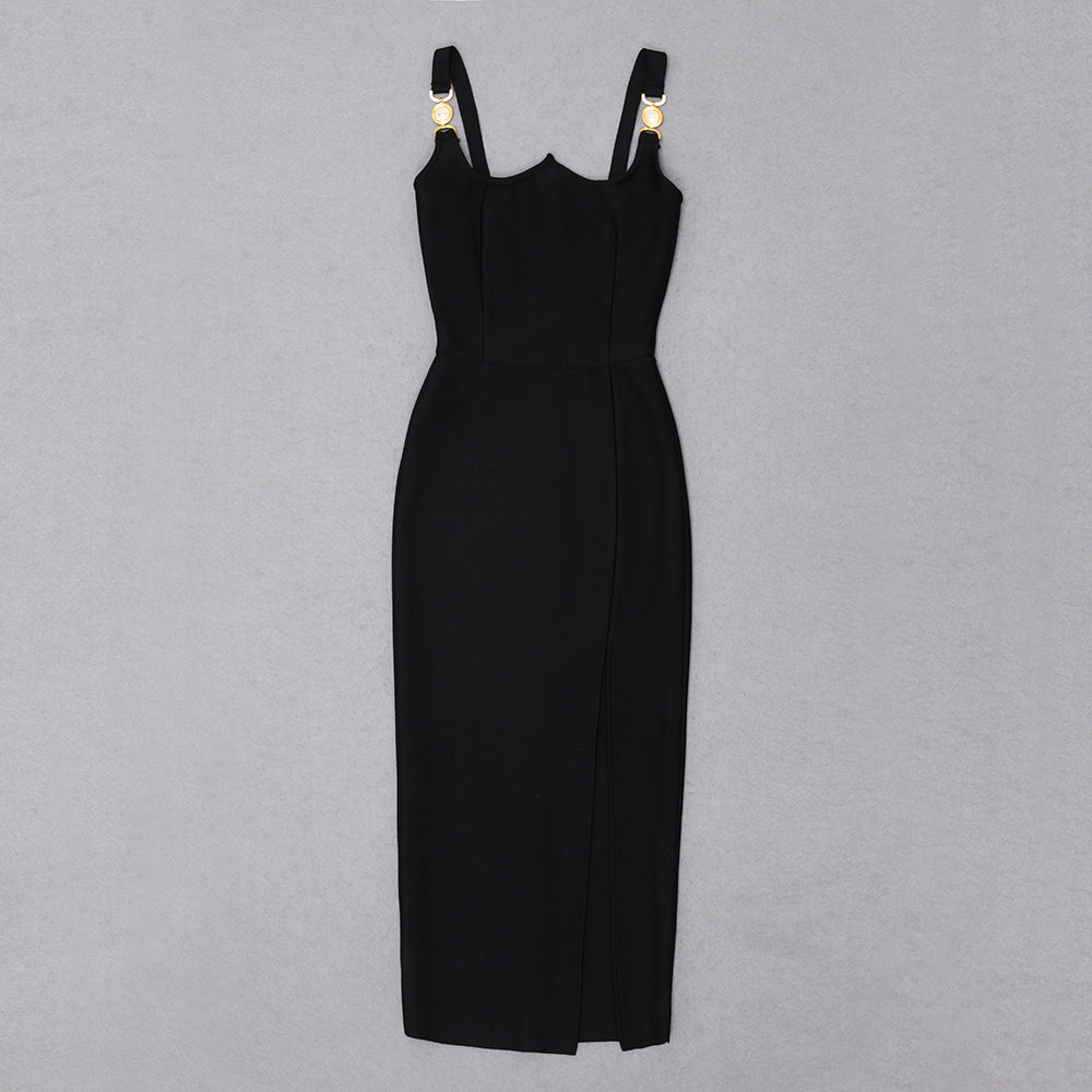W Neck Split Midi Dress Black HV8527