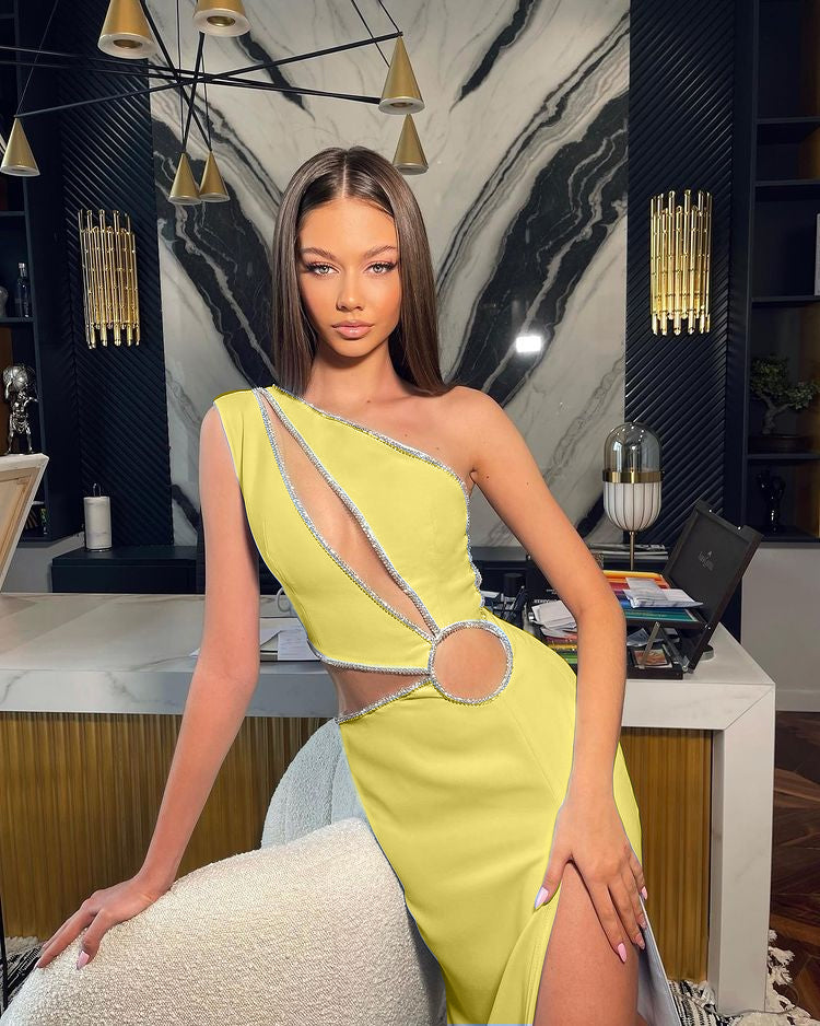 One Shoulder Rhinestone Trim Dress