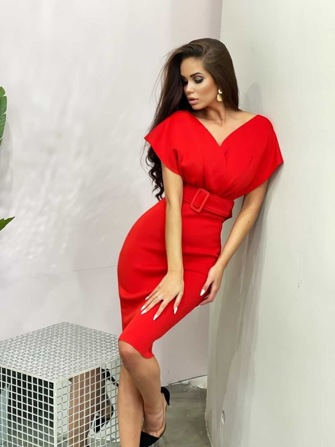 Off The Shoulder Belt Midi Dress HV7760