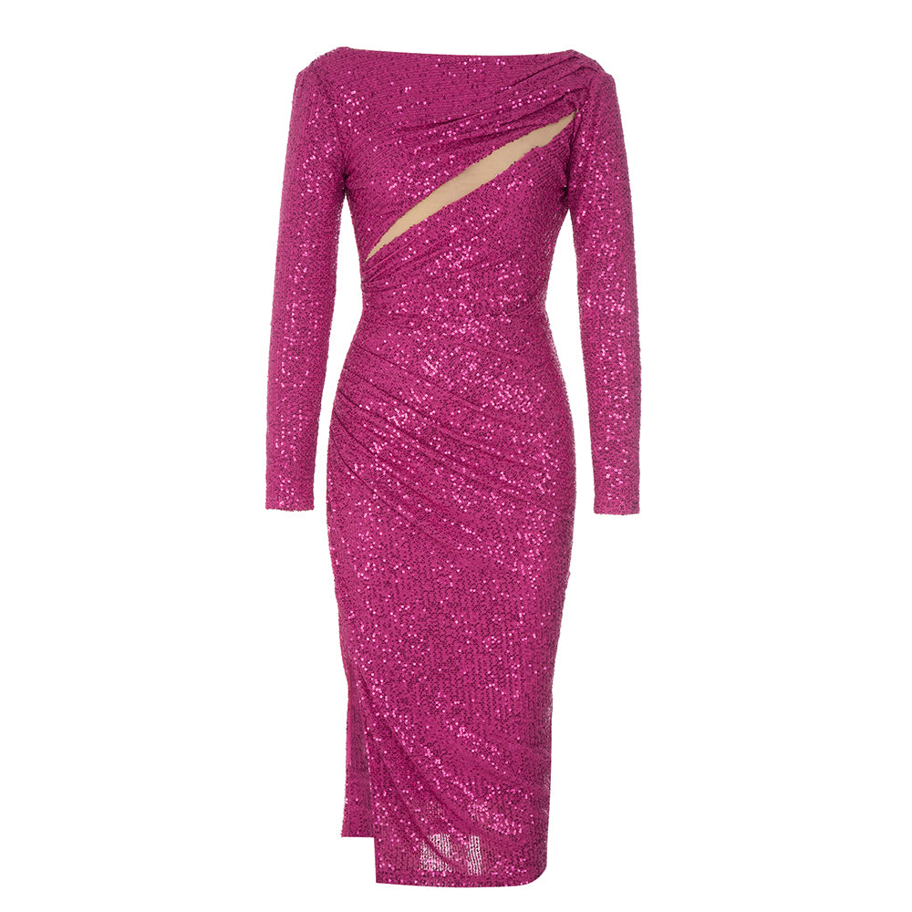 Long Sleeve Draped Sequined Midi Dress HV8960