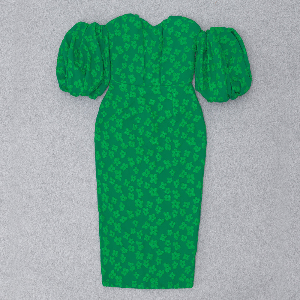 Floral Puff Sleeve Off Shoulder Dress Green HV8783
