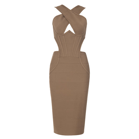 Halter Ribbed Structured Midi Dress HV8748