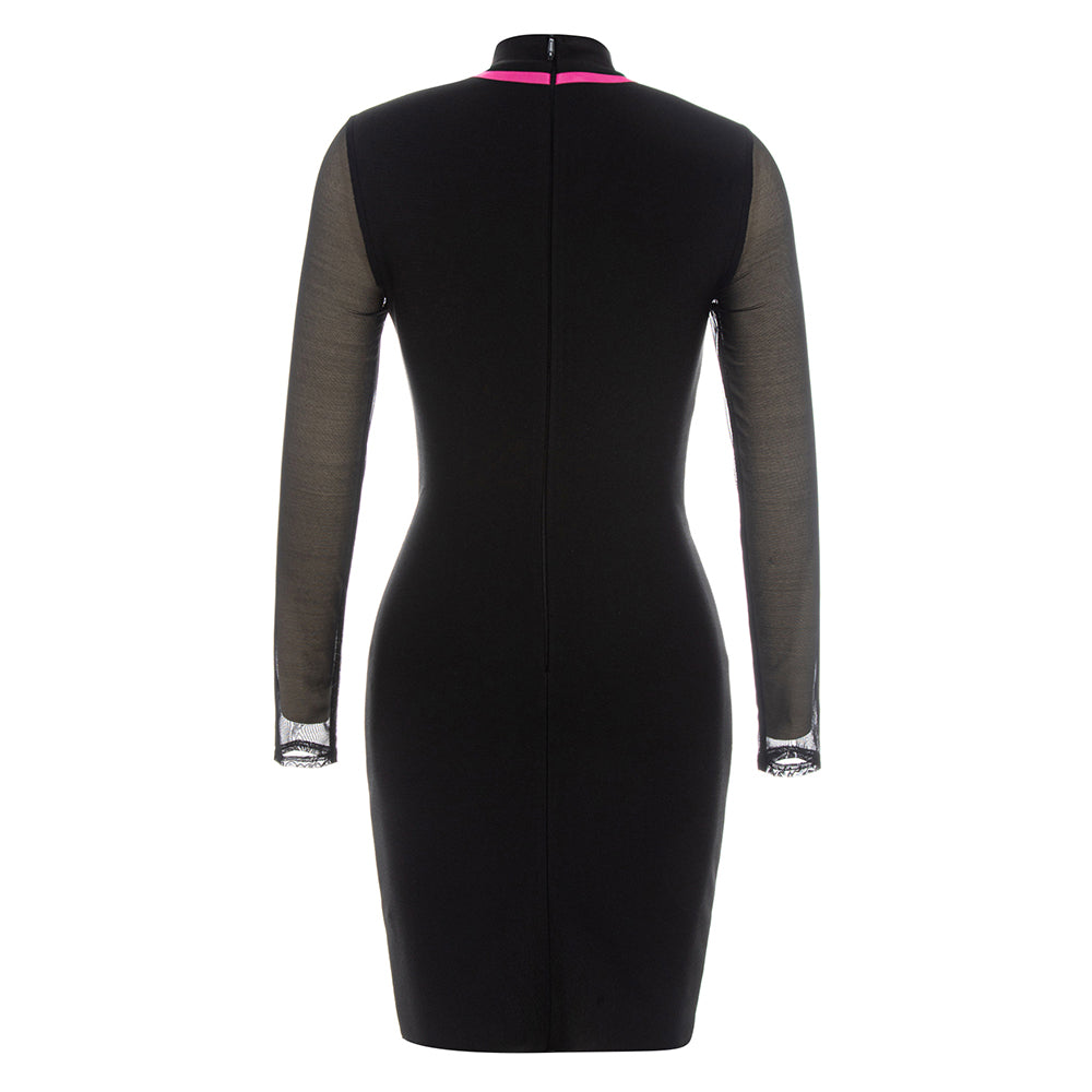 Long Sleeve Mesh Dress Black Hot Pink HV8994