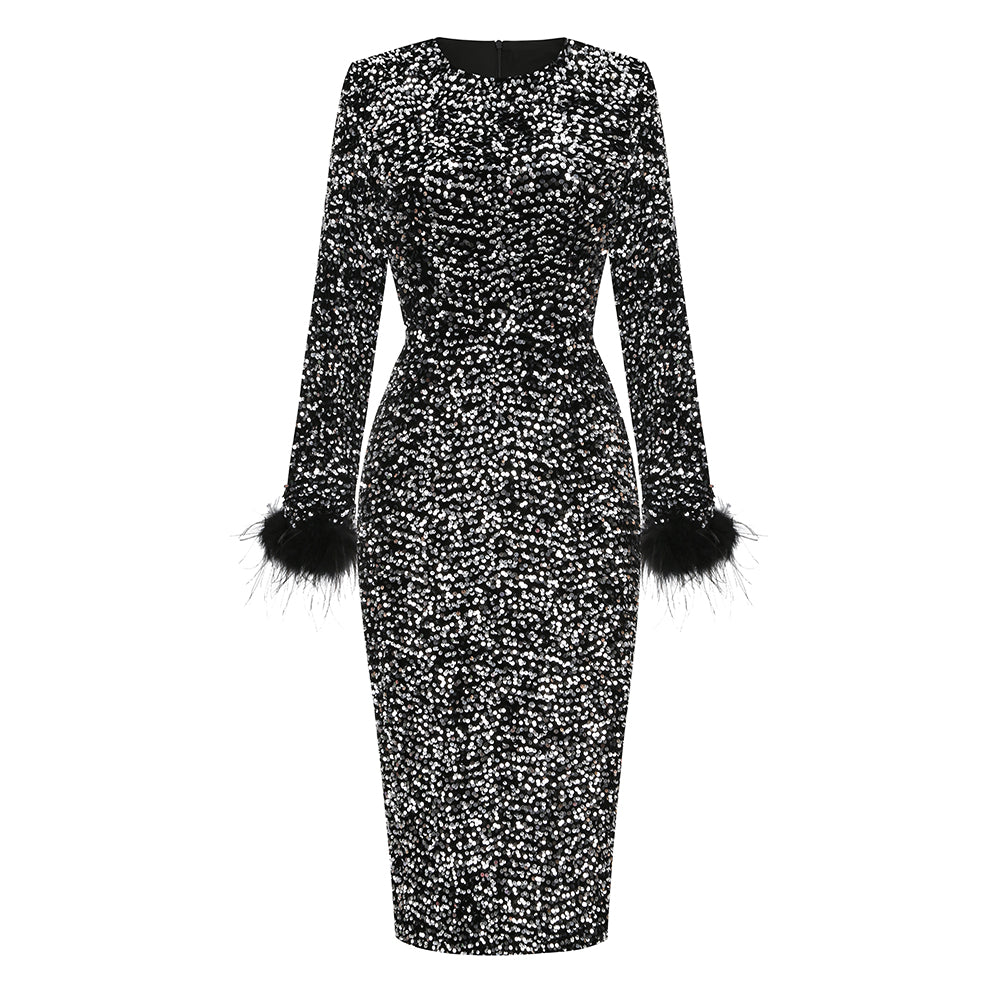 Long Sleeve Feather Sequin Midi Dress HV8915