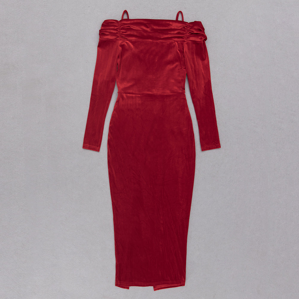 Long Sleeve Off Shoulder Draped Midi Velvet Dress HV8966