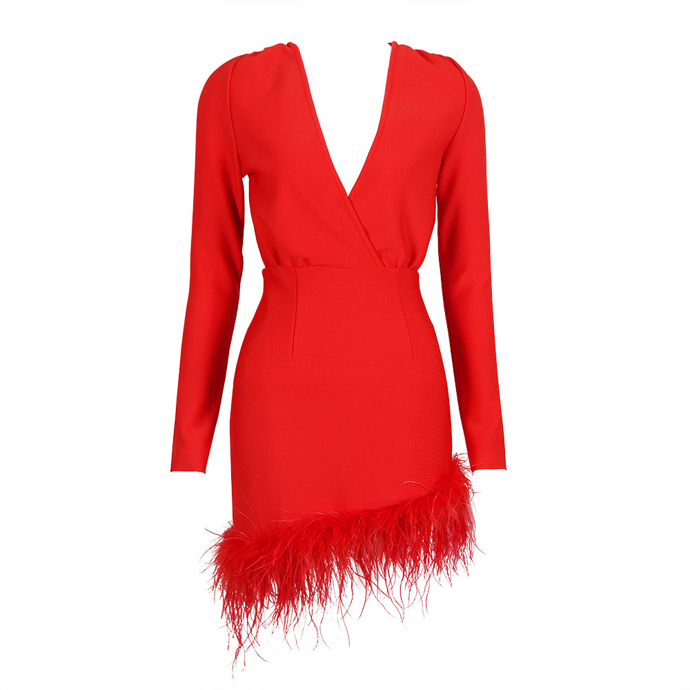 Long Sleeve Feather Hem Dress Red HV9038