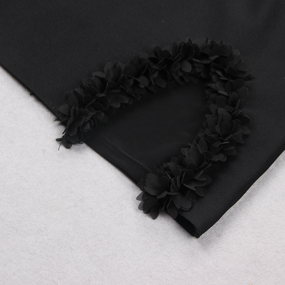 Long Sleeve Petal Detail Dress Black V9075D