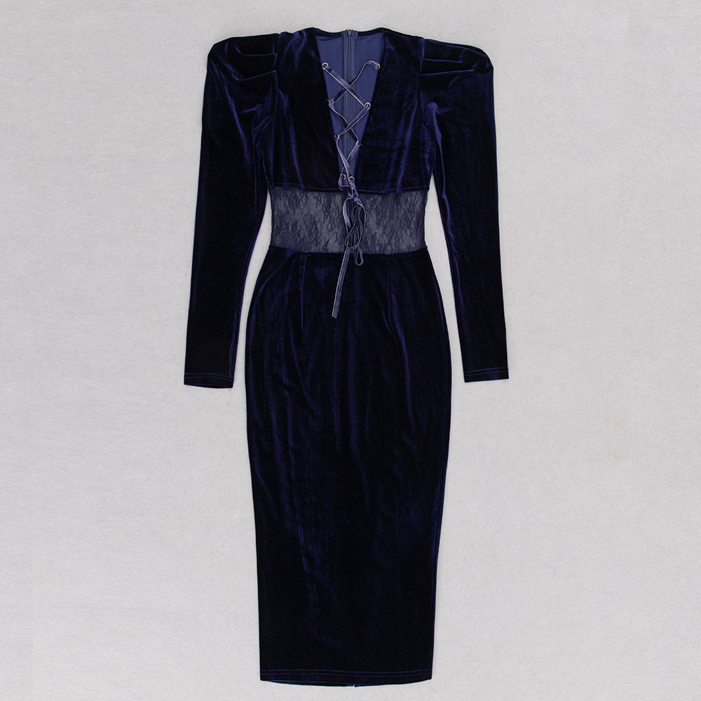 Long Sleeve Lace Insert Midi Velvet Dress V9008