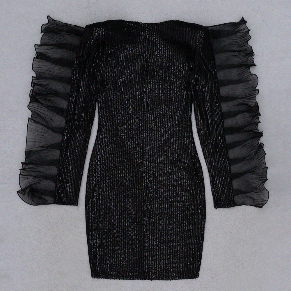 Long Sleeve Ruffle Detail Sequined Dress HV8965