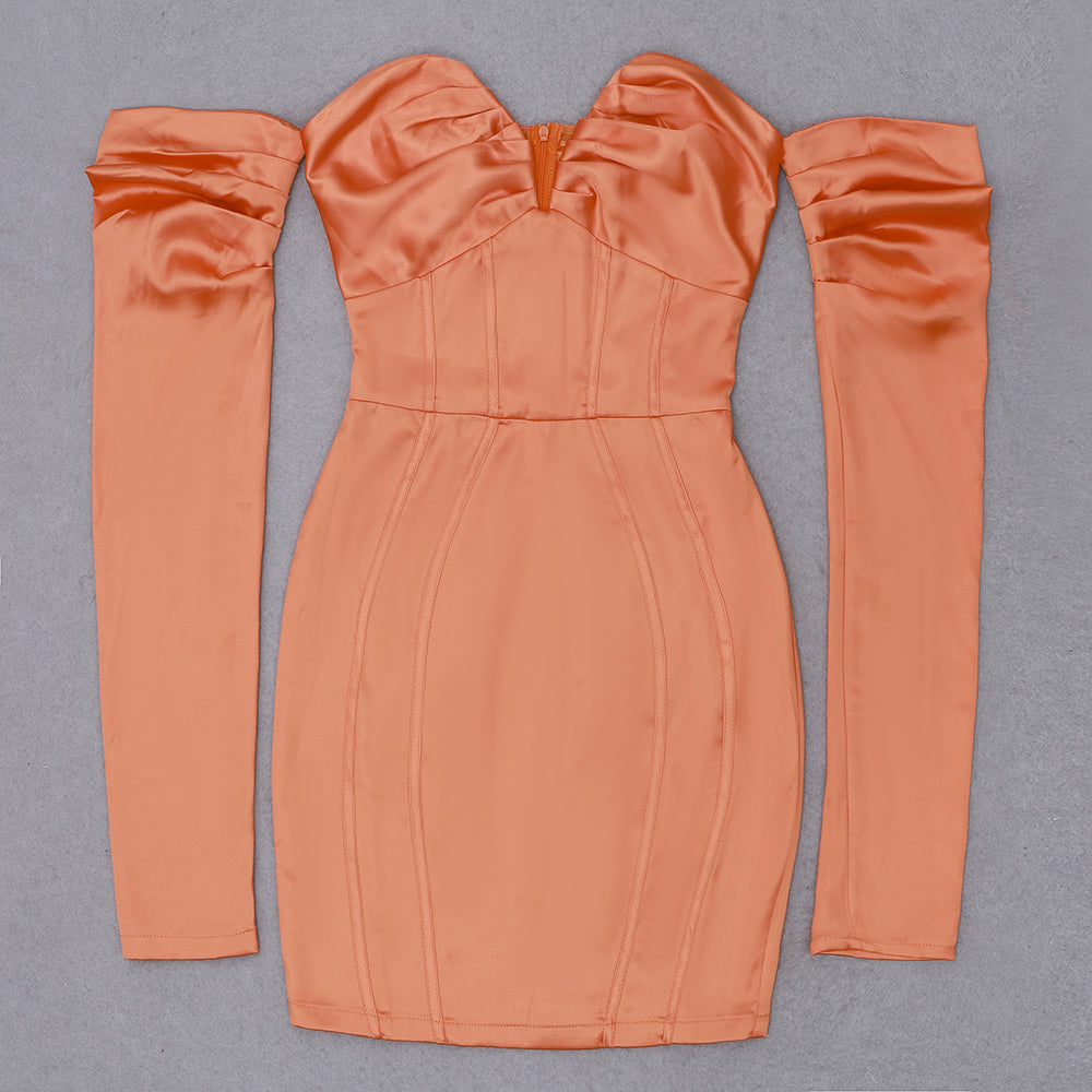Long Sleeve Bardot Satin Dress Rust Orange HV8007