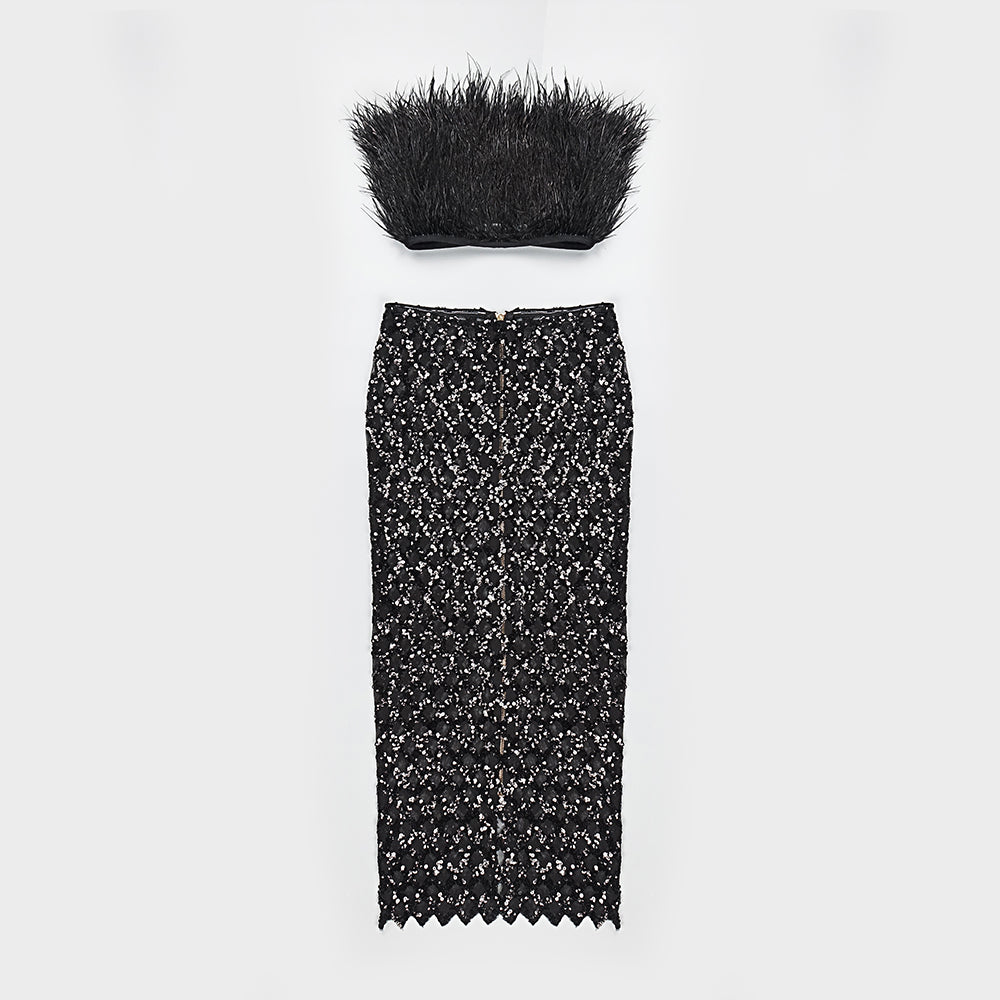 Strapless Feather Maxi Two Piece Dress HV8893