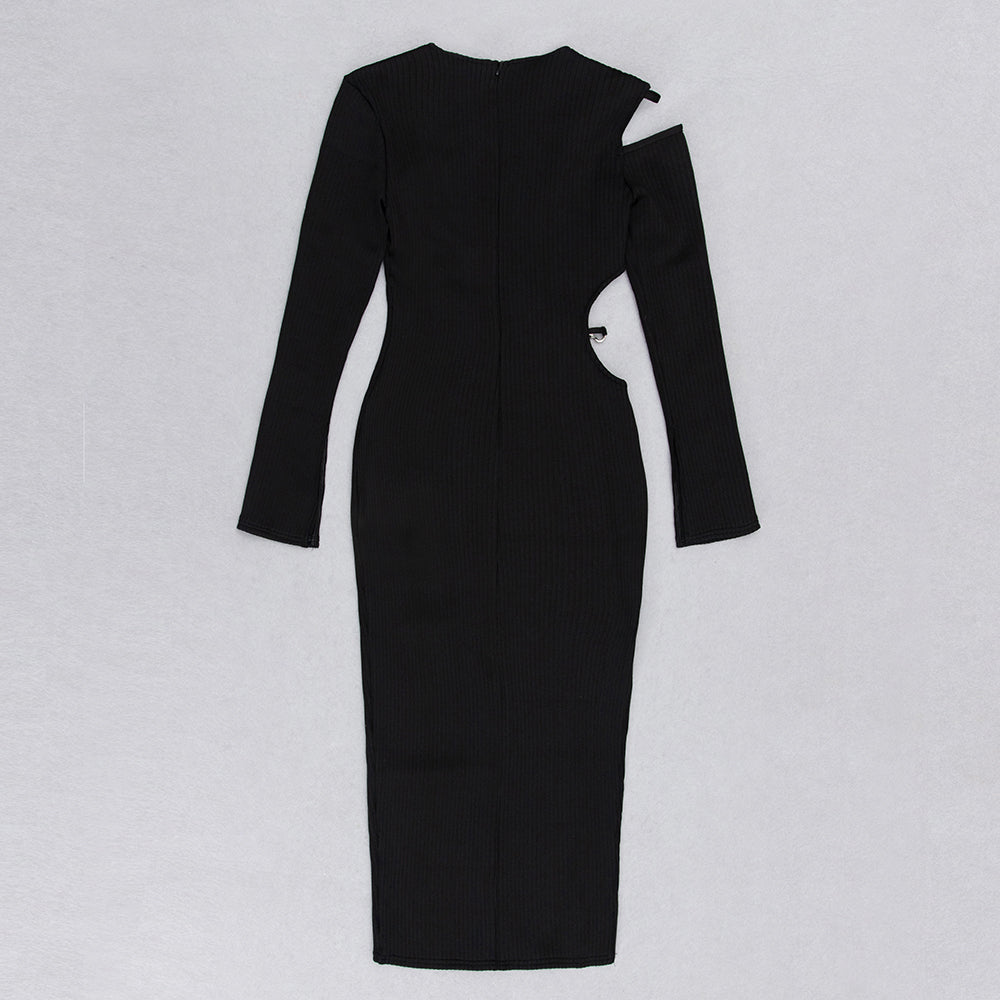 Long Sleeve Strappy Ribbed Midi Dress HV9010