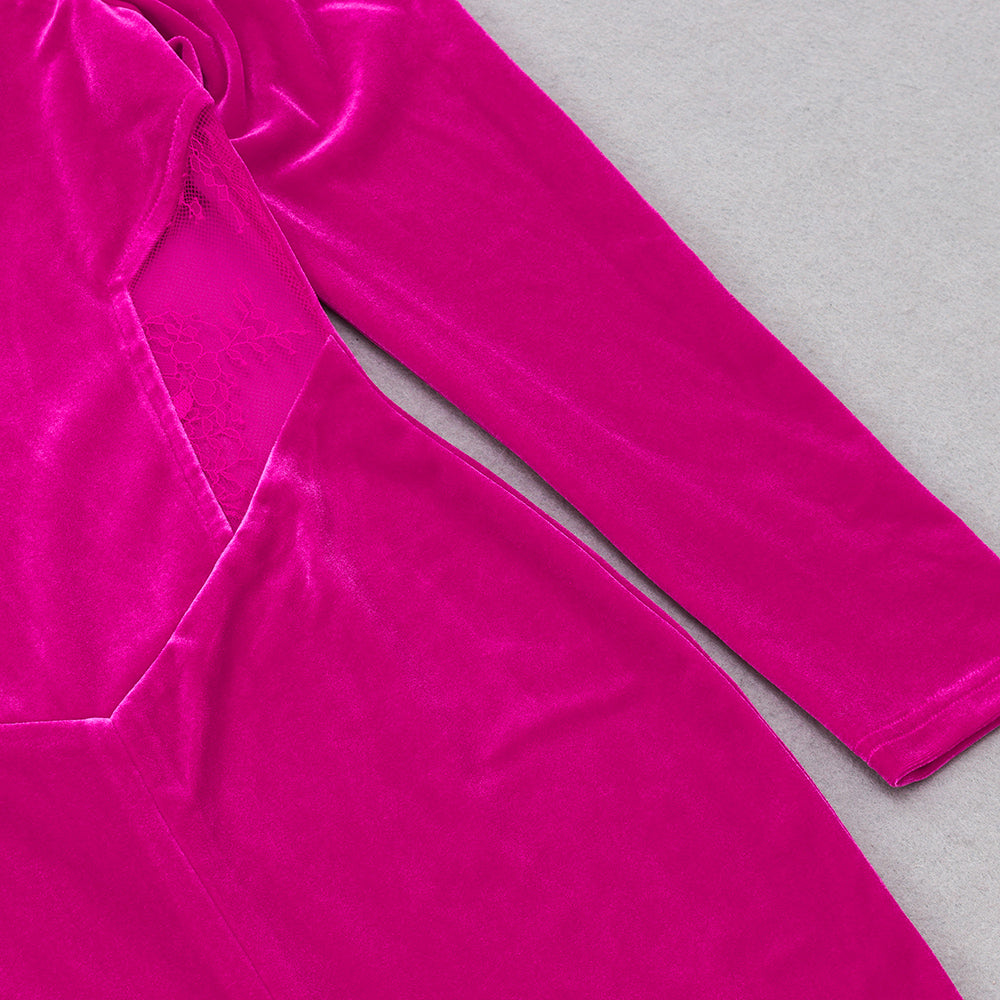 Long Sleeve Lace Insert Midi Velvet Dress Hot Pink