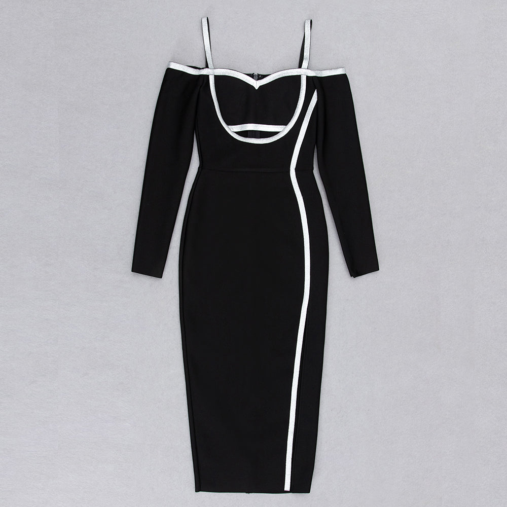 Long Sleeve Silver Trim Midi Dress Black HV9009