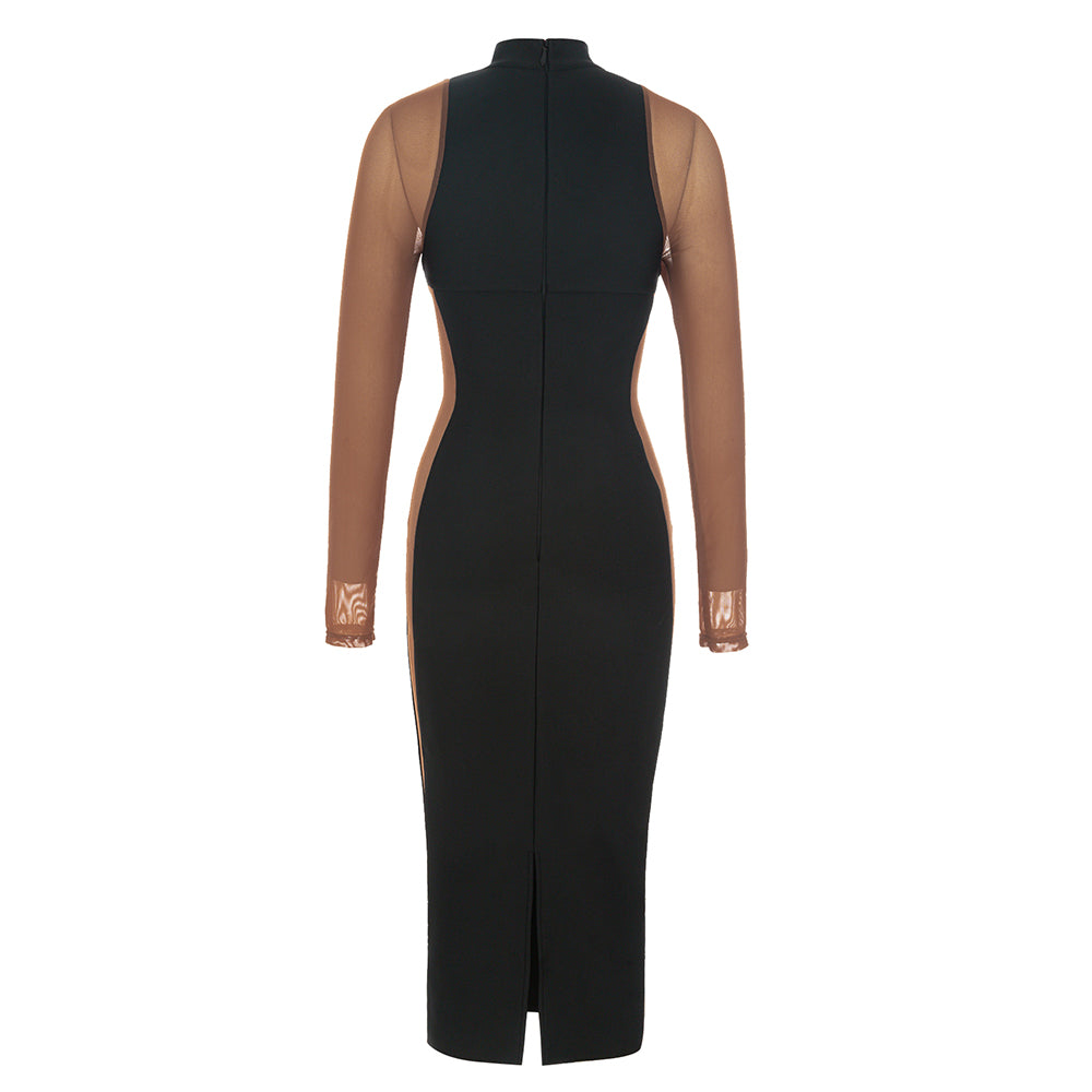 Long Sleeve Mesh Insert Midi Dress V8992