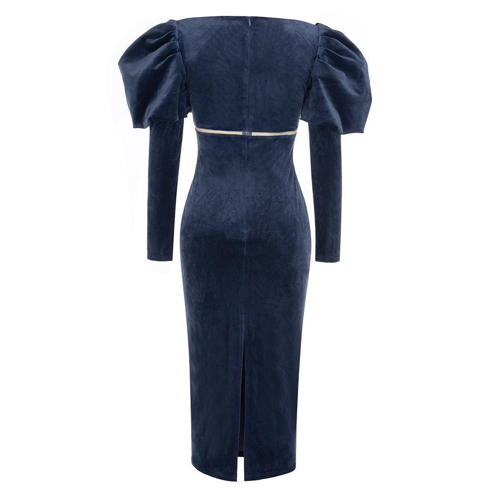 Puff Long Sleeve Mesh Midi Velvet Dress