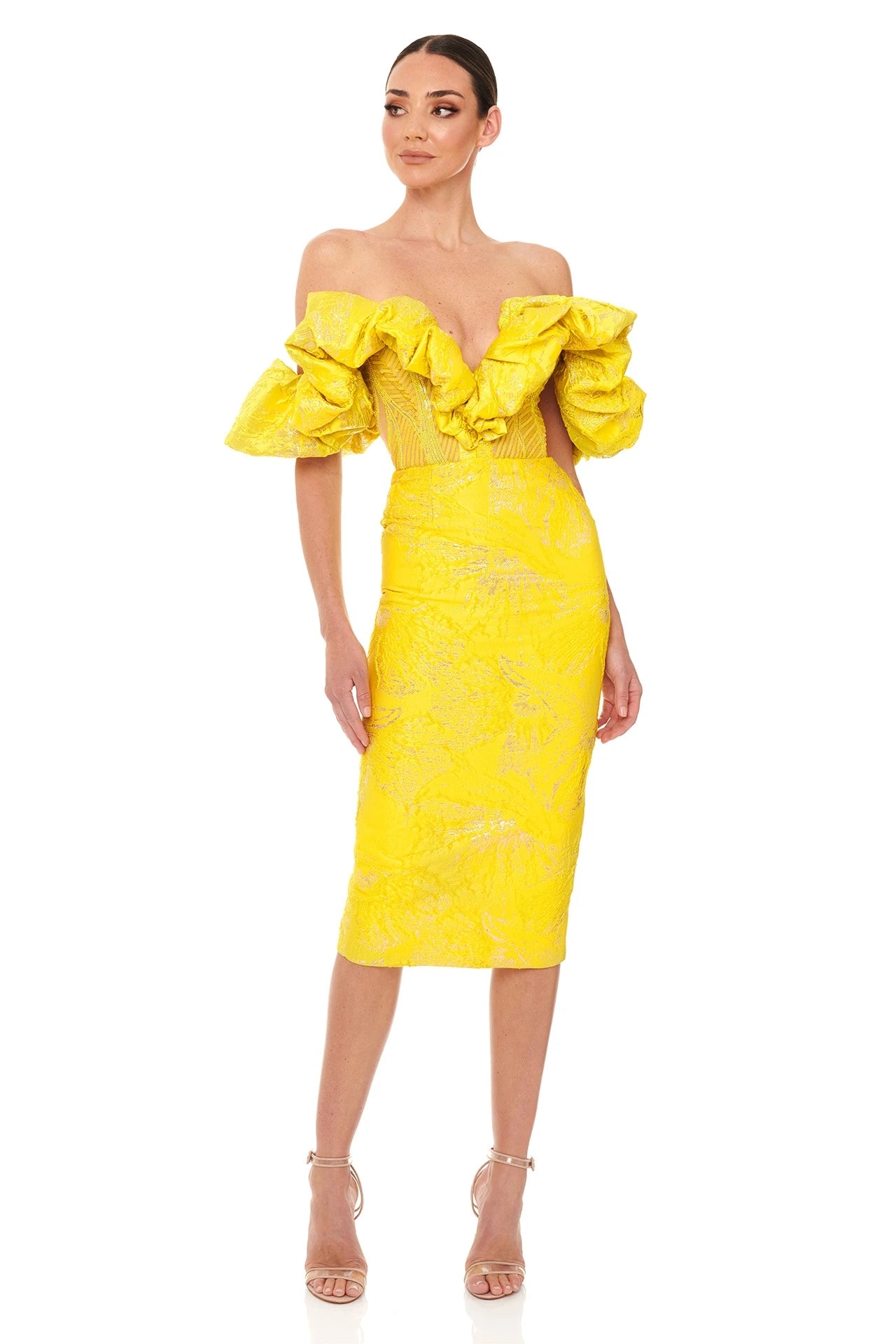 Puff Off Shoulder Corset Sparkly Midi Dress HV8489
