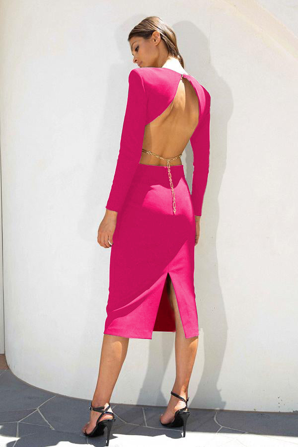 Long Sleeve Backless Chain Midi Dress HV7850