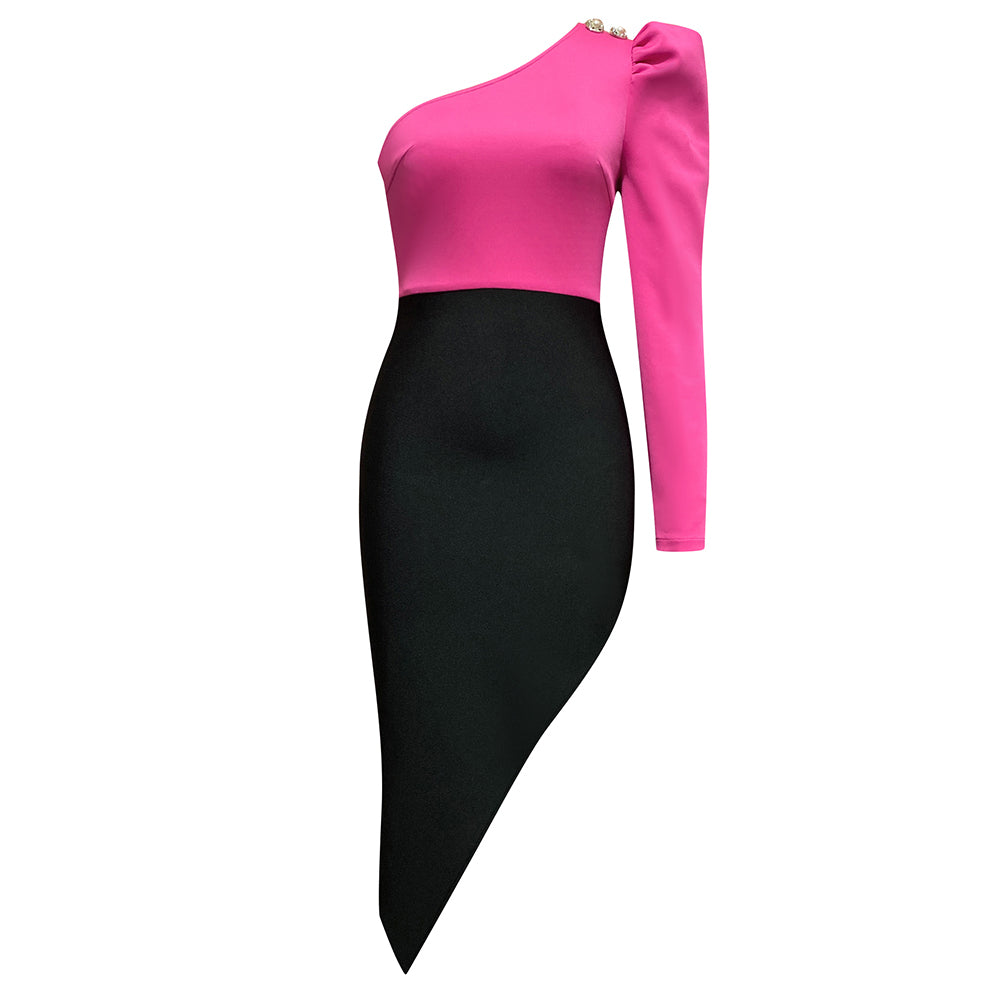 One Sleeve Midi Dress Hot Pink V8983