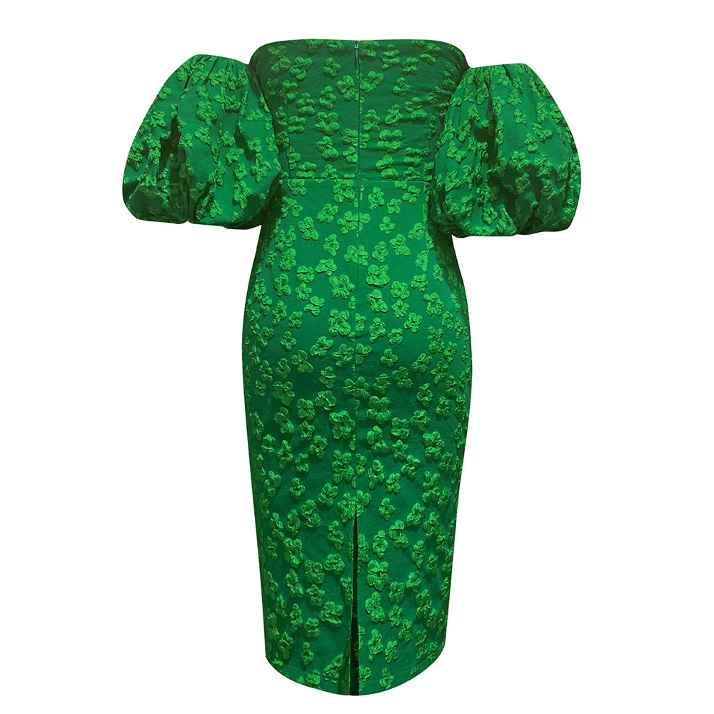 Floral Puff Sleeve Off Shoulder Dress Green HV8783