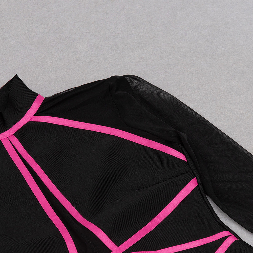 Long Sleeve Mesh Dress Black Hot Pink HV8994