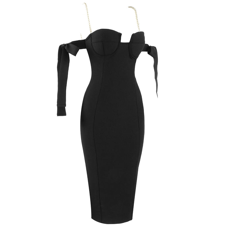 Pearl Strap Bardot Bustier Midi Dress HV6523