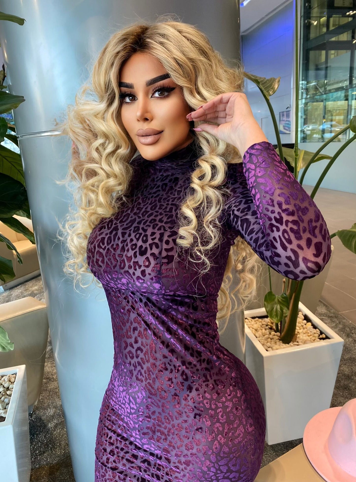 Long Sleeve Animal Print Midi Velvet Dress HV7605