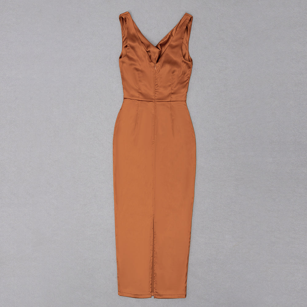 Draped Midi Silk Dress Copper Brown HV8599