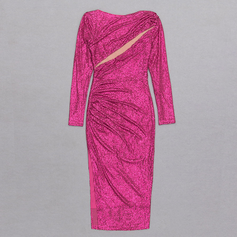 Long Sleeve Draped Sequined Midi Dress HV8960