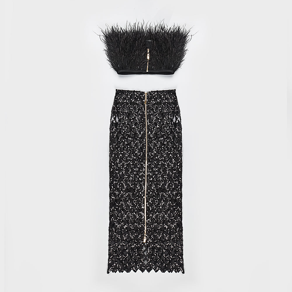 Strapless Feather Maxi Two Piece Dress HV8893