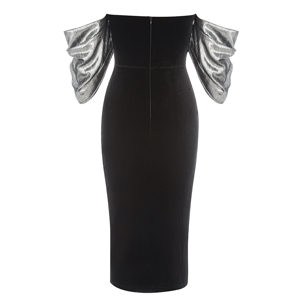 Draped Off Shoulder Midi Velvet Dress HV8886