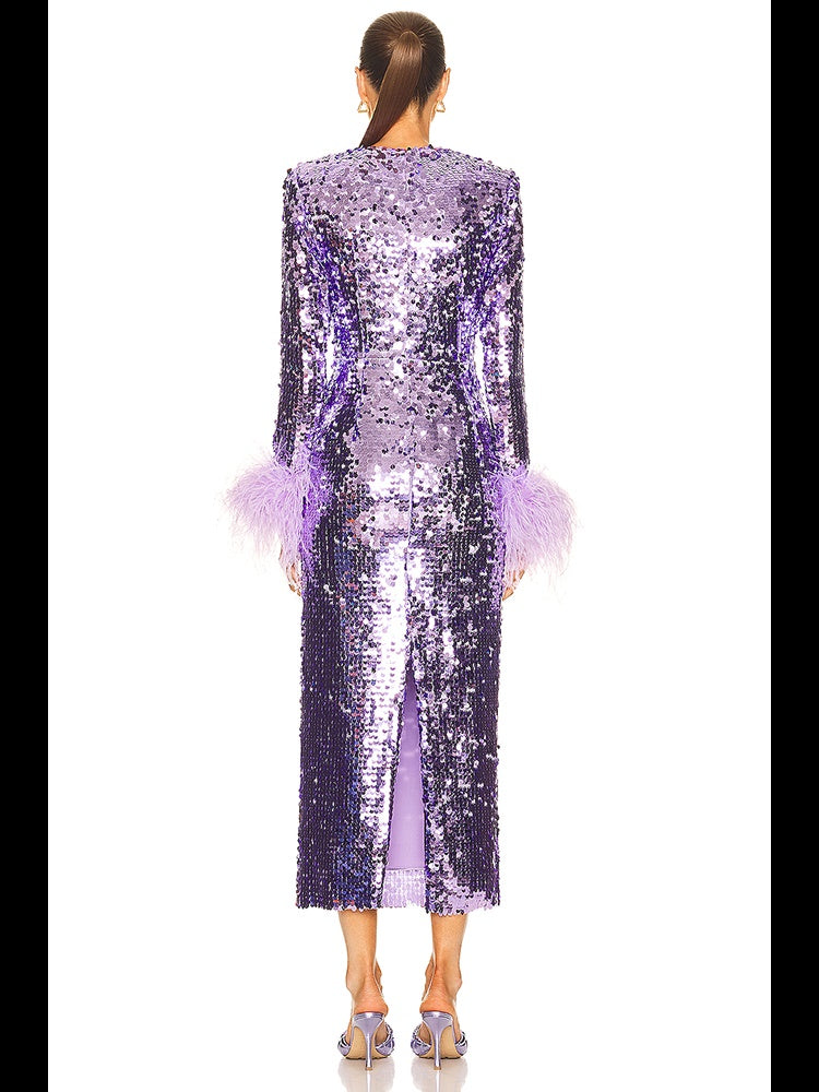 Long Sleeve Feather Sequin Midi Dress HV8915