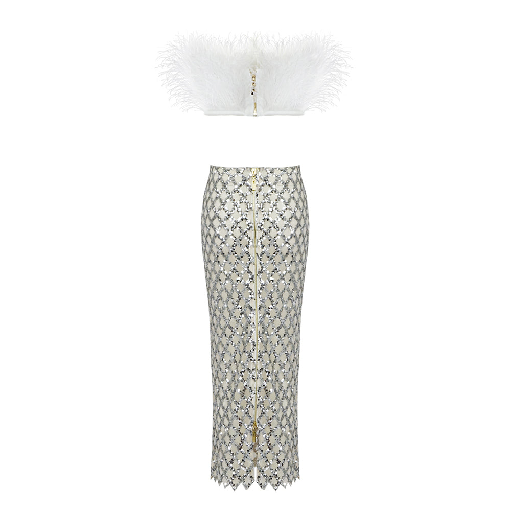 Strapless Feather Maxi Two Piece Dress HV8893