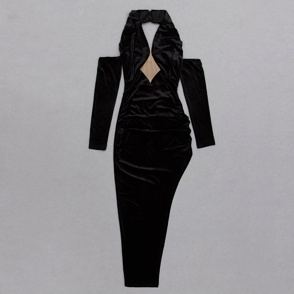 Long Sleeve Halter Midi Velvet Dress HV8969