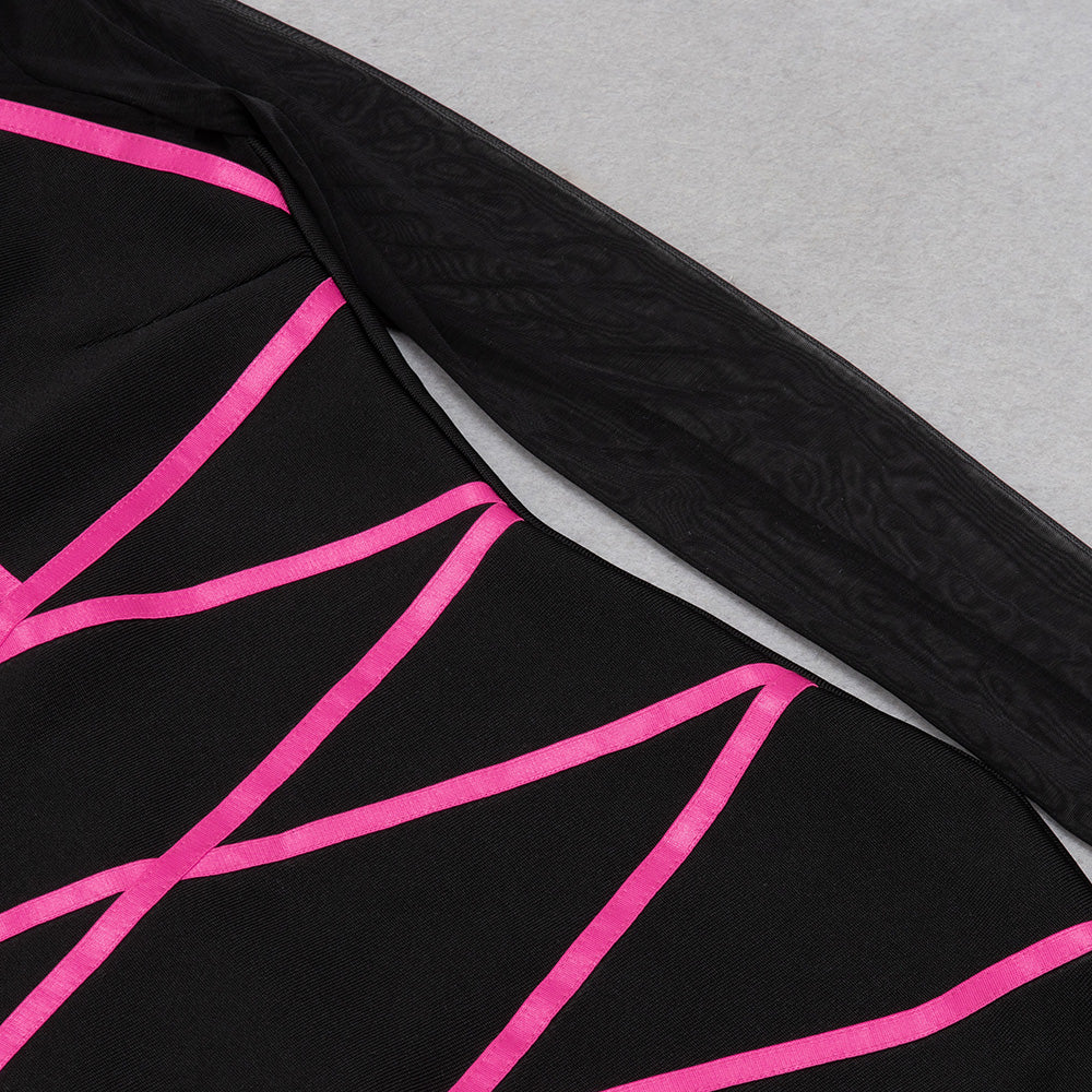 Long Sleeve Mesh Dress Black Hot Pink HV8994