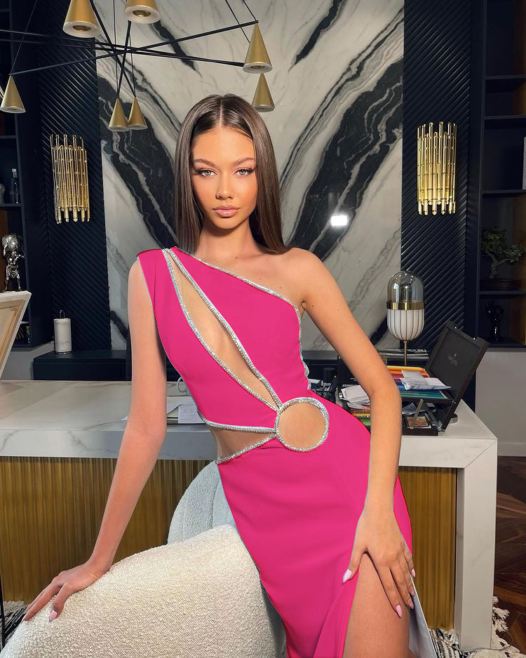 One Shoulder Rhinestone Trim Dress