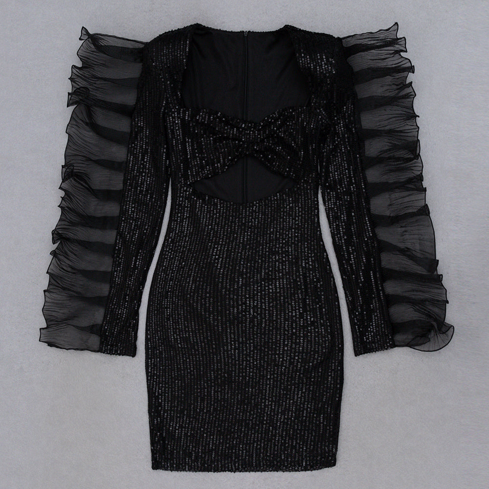 Long Sleeve Ruffle Detail Sequined Dress HV8965