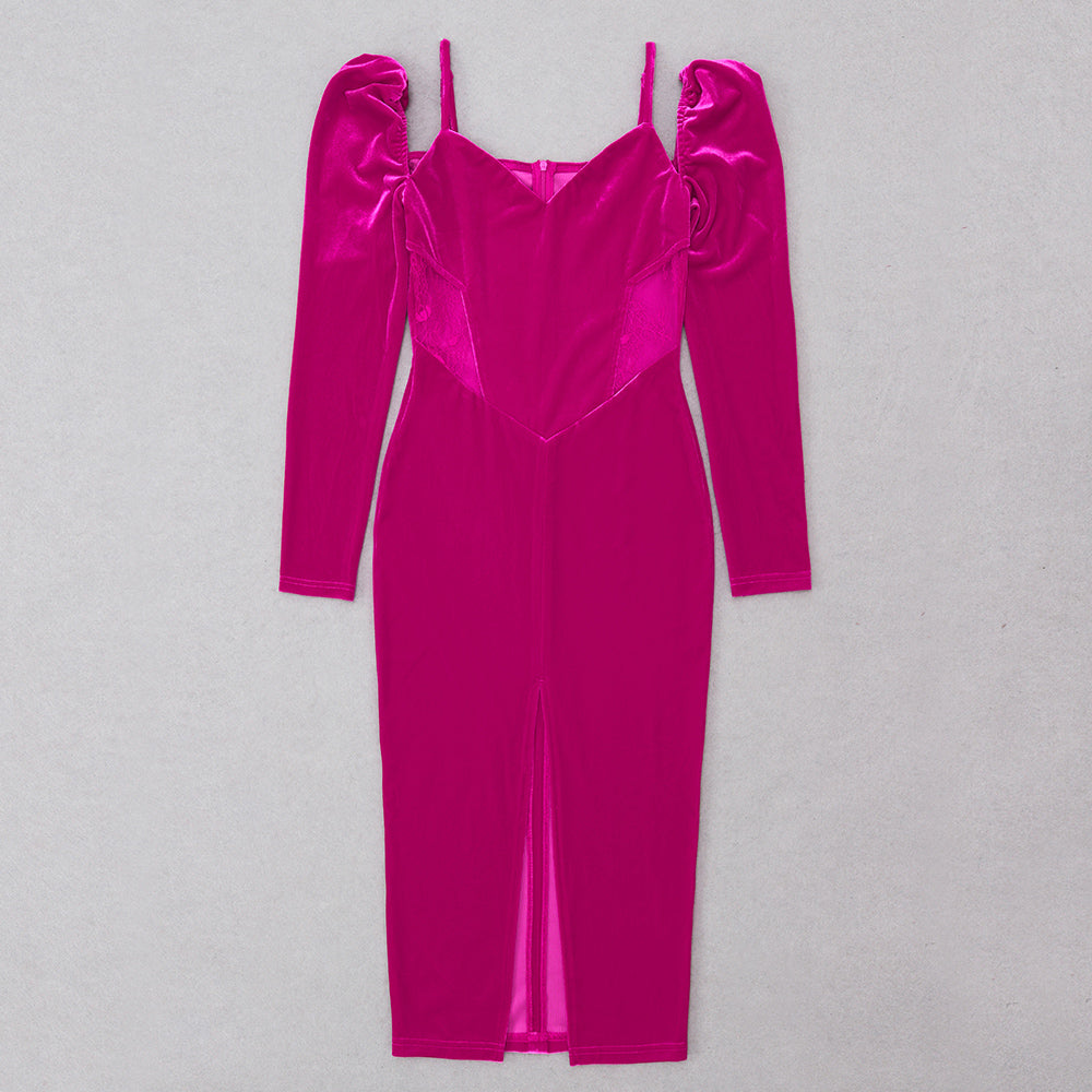 Long Sleeve Lace Insert Midi Velvet Dress Hot Pink