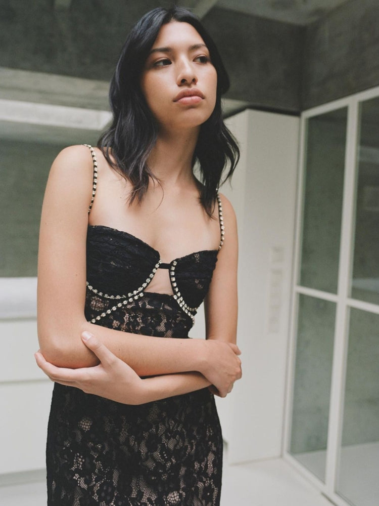 Rhinestone Bustier Crochet Midi Dress HV8840