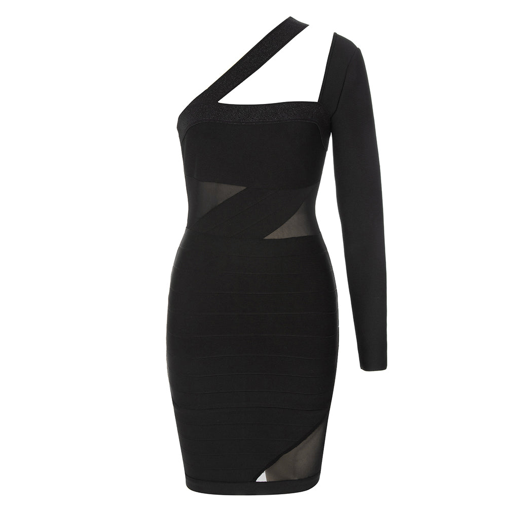 One Sleeve Mesh Insert Dress Black V9011