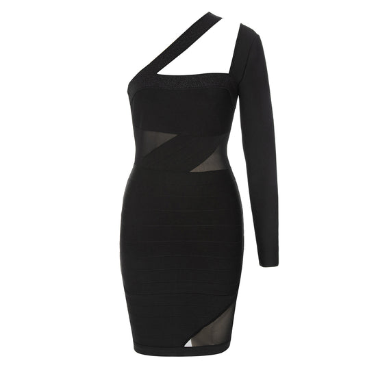 One Sleeve Mesh Insert Dress Black V9011