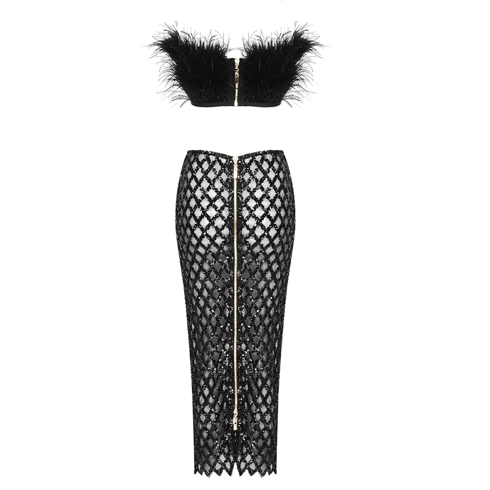 Strapless Feather Maxi Two Piece Dress HV8893